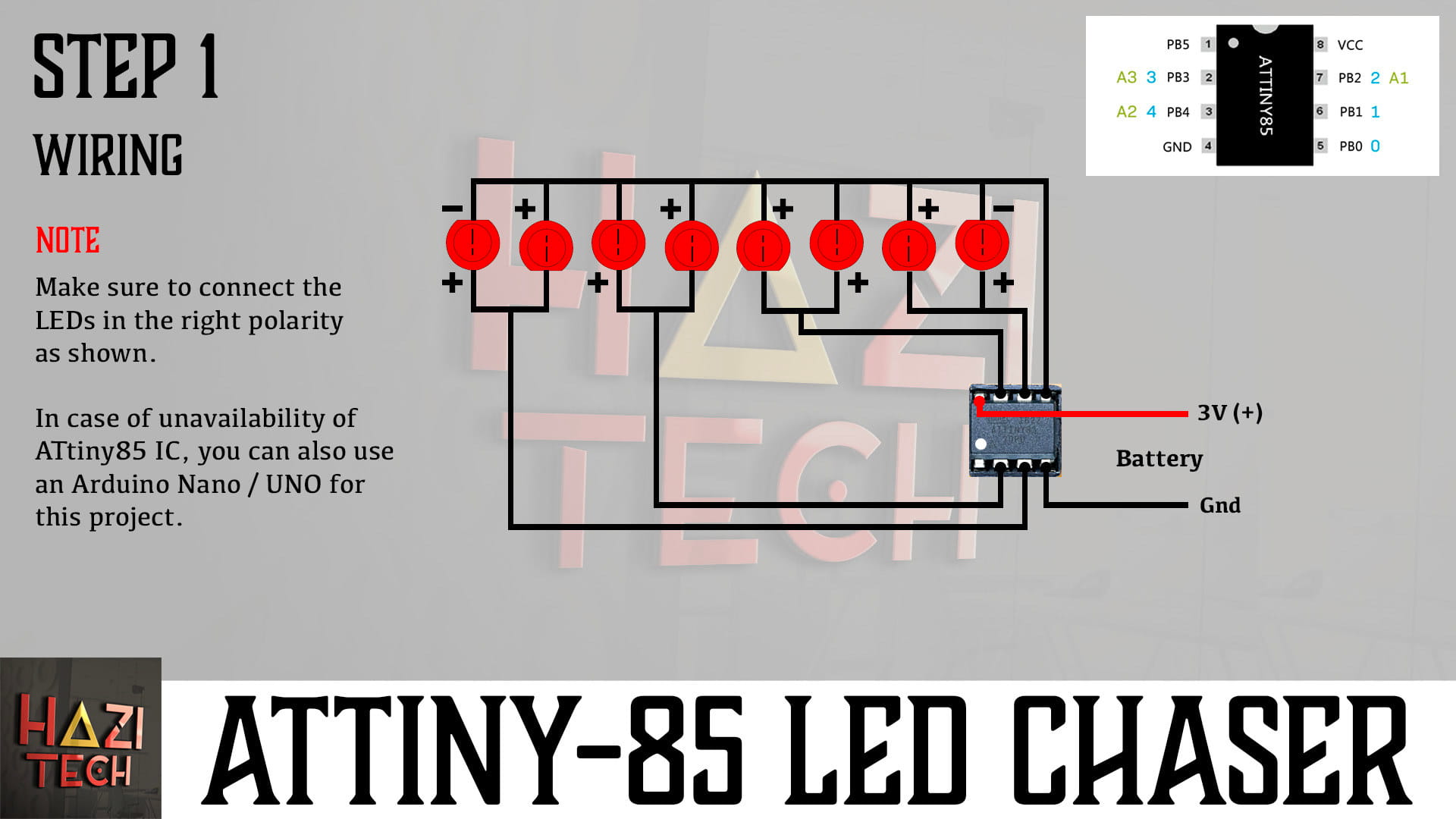 ATtiny85 eight-channel LED chaser wiring diagram showing eight LEDs, ATtiny85 DIP-8 and 3 V battery